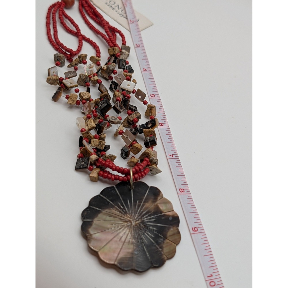 Sonoma Red Beaded Multi Strand Necklace Mother of Pearl Shell Pendant Boho - Picture 10 of 12